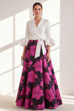 Robe longue de la mère de la mariée en fleur fuchsia fûre fuchsia à col en V et volants