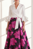 Robe longue de la mère de la mariée en fleur fuchsia fûre fuchsia à col en V et volants