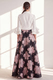 Robe longue de la mère de la mariée en fleur fuchsia fûre fuchsia à col en V et volants