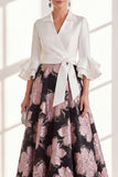 Robe longue de la mère de la mariée en fleur fuchsia fûre fuchsia à col en V et volants