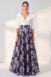 Robe longue fleurie marine A-Line Mother of the Bride avec manches 3/4