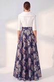 Robe longue fleurie marine A-Line Mother of the Bride avec manches 3/4