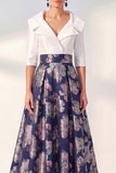 Robe longue fleurie marine A-Line Mother of the Bride avec manches 3/4