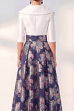 Robe longue fleurie marine A-Line Mother of the Bride avec manches 3/4