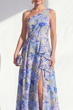 Longue robe de la mariée bleue à volants fleurie à volants sur une épaule avec fente