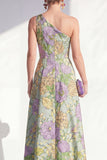 Longue robe de la mariée bleue à volants fleurie à volants sur une épaule avec fente