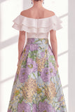 Robe longue de la mère de la mariée à volants en fleurs roses, bleue rose, ligne en A sur l’épaule