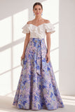 Robe longue de la mère de la mariée à volants en fleurs roses, bleue rose, ligne en A sur l’épaule