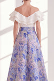 Robe longue de la mère de la mariée à volants en fleurs roses, bleue rose, ligne en A sur l’épaule