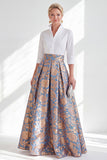 Robe longue Mère de la Mariée en fleur rose bleu et ligne A avec manches 3/4