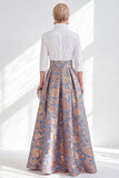 Robe longue Mère de la Mariée en fleur rose bleu et ligne A avec manches 3/4