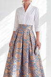 Robe longue Mère de la Mariée en fleur rose bleu et ligne A avec manches 3/4