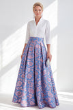 Robe longue Mère de la Mariée en fleur rose bleu et ligne A avec manches 3/4