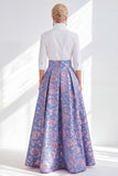 Robe longue Mère de la Mariée en fleur rose bleu et ligne A avec manches 3/4