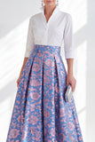 Robe longue Mère de la Mariée en fleur rose bleu et ligne A avec manches 3/4