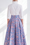 Robe longue Mère de la Mariée en fleur rose bleu et ligne A avec manches 3/4
