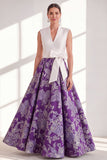 Robe longue longue de la mère de la mariée en ligne en V bleue avec nœud