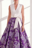 Robe longue longue de la mère de la mariée en ligne en V bleue avec nœud