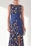 Robe longue marge de mariée à col bateau sirène marine avec fente