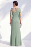 Robe longue marme de mariée en mousseline à col bateau sirène verte en chiffon