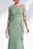 Robe longue marme de mariée en mousseline à col bateau sirène verte en chiffon
