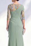 Robe longue marme de mariée en mousseline à col bateau sirène verte en chiffon