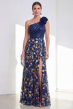Robe longue longue mère de la mariée à fentes en A-Line marine scintillante bleu marine à une épaule