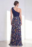 Robe longue longue mère de la mariée à fentes en A-Line marine scintillante bleu marine à une épaule