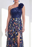 Robe longue longue mère de la mariée à fentes en A-Line marine scintillante bleu marine à une épaule