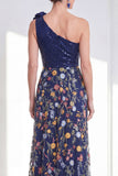 Robe longue longue mère de la mariée à fentes en A-Line marine scintillante bleu marine à une épaule