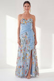 Robe bleue A-Line Sweetheart Floral Long Mother Of the Bride avec fente