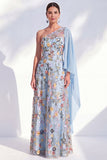 Robe longue longue de la mariée bleue à une épaule fleurie avec cape latérale
