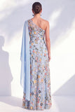 Robe longue longue de la mariée bleue à une épaule fleurie avec cape latérale