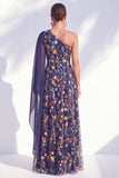 Robe longue longue de la mariée bleue à une épaule fleurie avec cape latérale