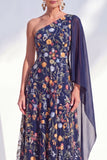 Robe longue longue de la mariée bleue à une épaule fleurie avec cape latérale
