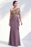 Gris sirène Violet à une épaule à fleurs, longue robe de mère de la mariée