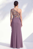 Gris sirène Violet à une épaule à fleurs, longue robe de mère de la mariée