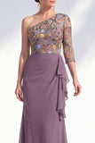 Gris sirène Violet à une épaule à fleurs, longue robe de mère de la mariée