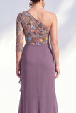 Gris sirène Violet à une épaule à fleurs, longue robe de mère de la mariée