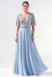 Robe longue longue mère de la mariée en chiffon vert à col en V et longueur de la mariée avec perles