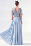 Robe longue longue mère de la mariée en chiffon vert à col en V et longueur de la mariée avec perles