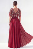 Robe longue longue mère de la mariée en chiffon vert à col en V et longueur de la mariée avec perles