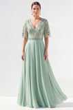 Robe longue longue mère de la mariée en chiffon vert à col en V et longueur de la mariée avec perles