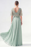 Robe longue longue mère de la mariée en chiffon vert à col en V et longueur de la mariée avec perles