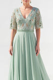 Robe longue longue mère de la mariée en chiffon vert à col en V et longueur de la mariée avec perles