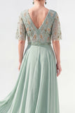 Robe longue longue mère de la mariée en chiffon vert à col en V et longueur de la mariée avec perles