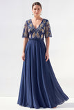 Robe longue longue mère de la mariée en chiffon vert à col en V et longueur de la mariée avec perles