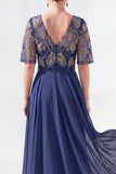 Robe longue longue mère de la mariée en chiffon vert à col en V et longueur de la mariée avec perles
