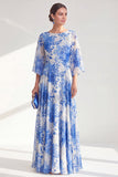 Robe longue marge de mariée en chiffon à col bateau rouge ligne A avec manches 3/4