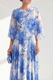 Robe longue marge de mariée en chiffon à col bateau rouge ligne A avec manches 3/4